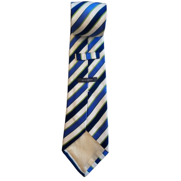 RENÉ LEZARD Silk Tie Stripes Blue Green and Cream Striped Tie - Picture 2 of 3